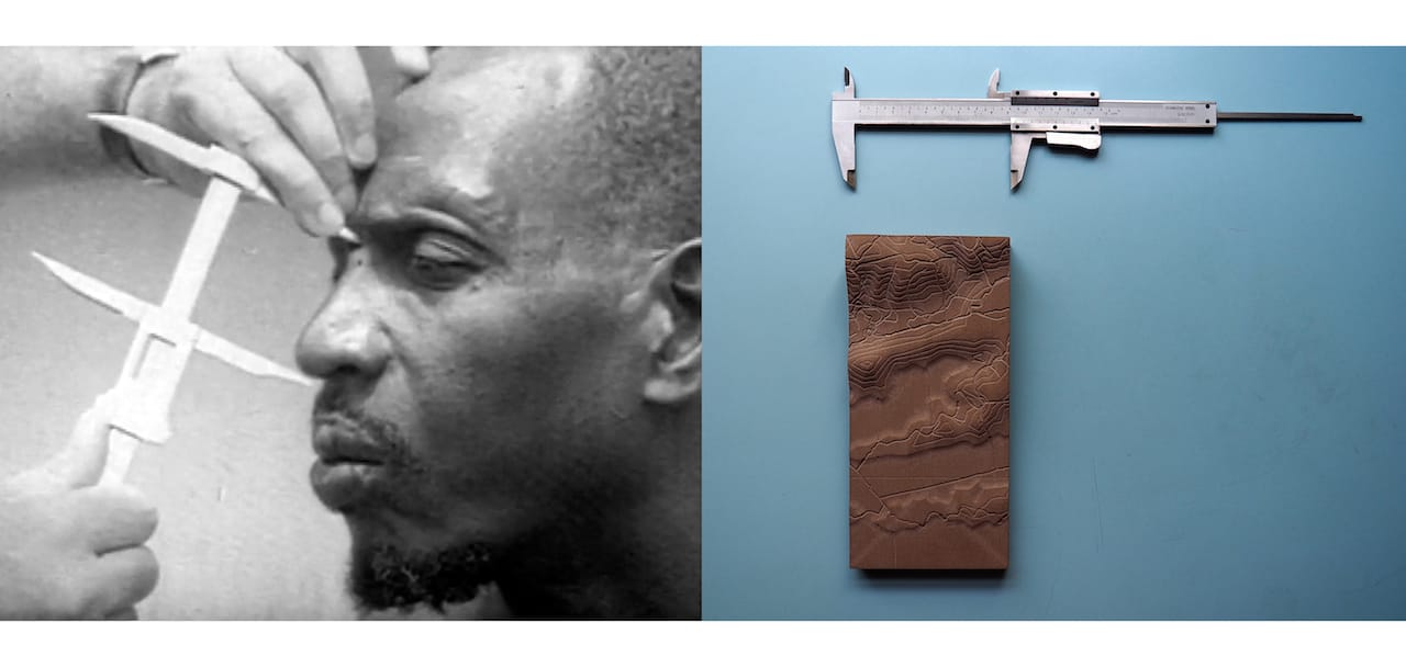(Left) Anthropometric Categorization of Rwandan Male with “Vernier Calipers.” Still taken from “Forsaken Cries,” 1997. Courtesy of Amnesty International; (Right) Vernier Calipers measuring uniform clay landscape tile, 2015. © Killian Doherty