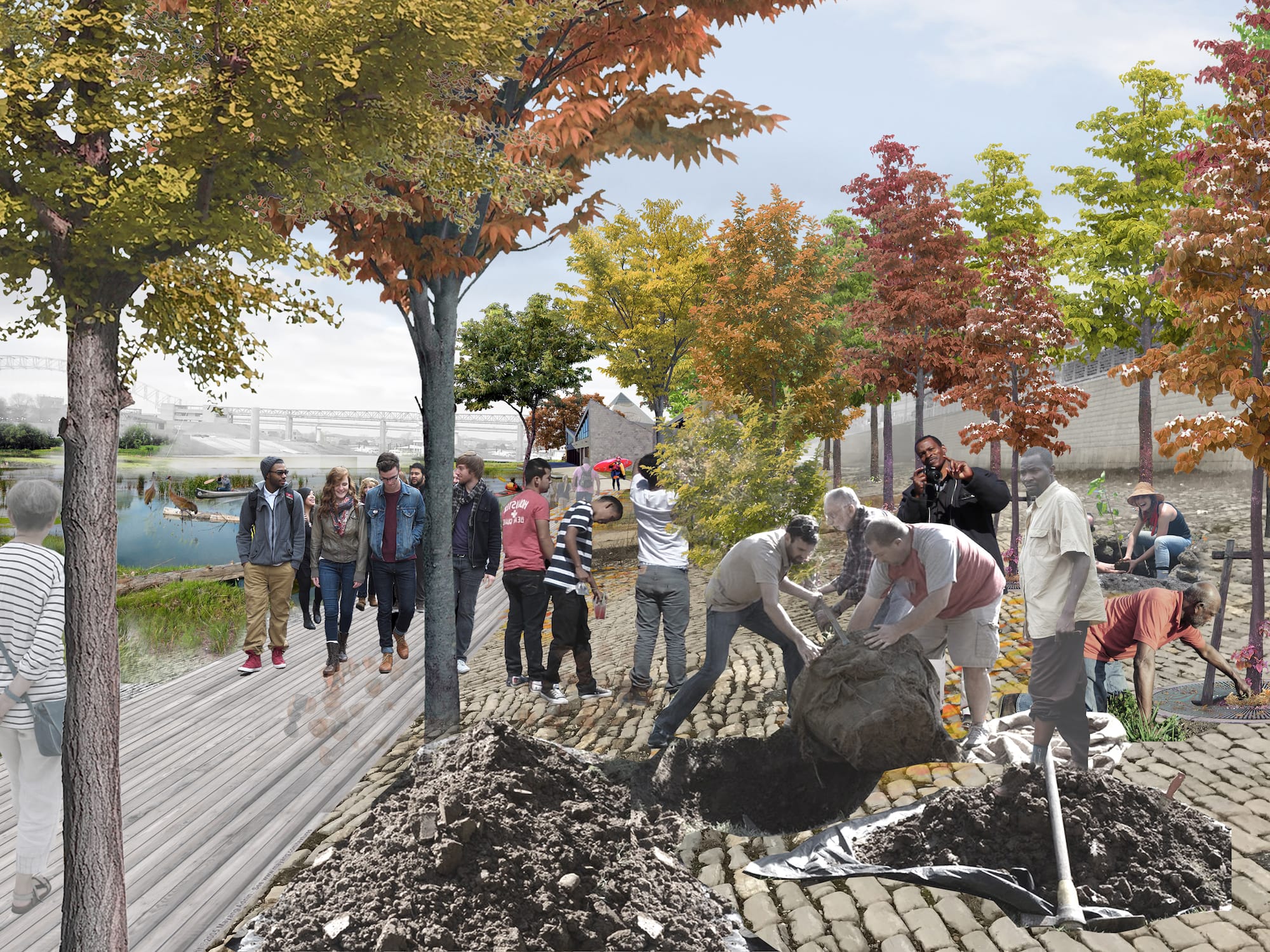 Studio Gang’s early proposal for Memphis Landing, developed for their Memphis Riverfront Concept (2017), imagined the site’s transformation beginning with a community tree planting event that would bring shade and softness to its hardscape. For _Dimensions of Citizenship_, the Studio is working in greater depth with Memphis residents to explore how the Landing can become a meaningful site of civic memory for all Memphians. © Studio Gang